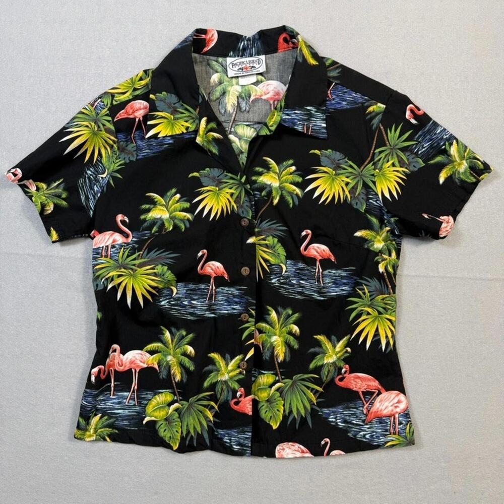 Pacific Legend Hawaiian Shirt Flamingo Palm Print Black Made in Hawaii Small